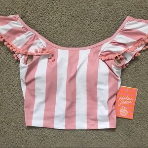 Kortni Jeane Flounce top in pink + white stripe